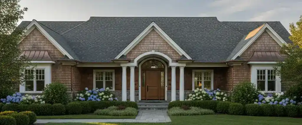 Wide view of a well-kept residential home with a clean pitched roof under warm natural light