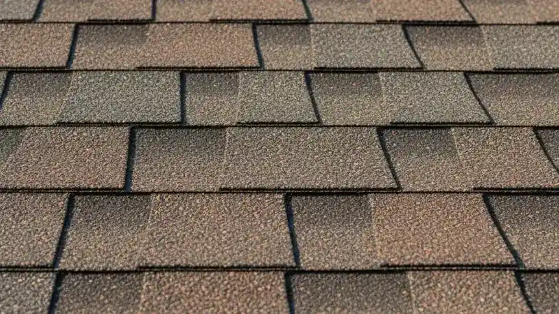 Close-up of weathered asphalt shingle roof showing texture and granule pattern