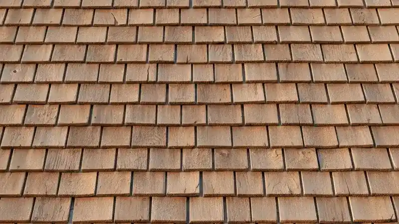 Detail of split cedar wood shake roof showing grain and weathering on a California craftsman home